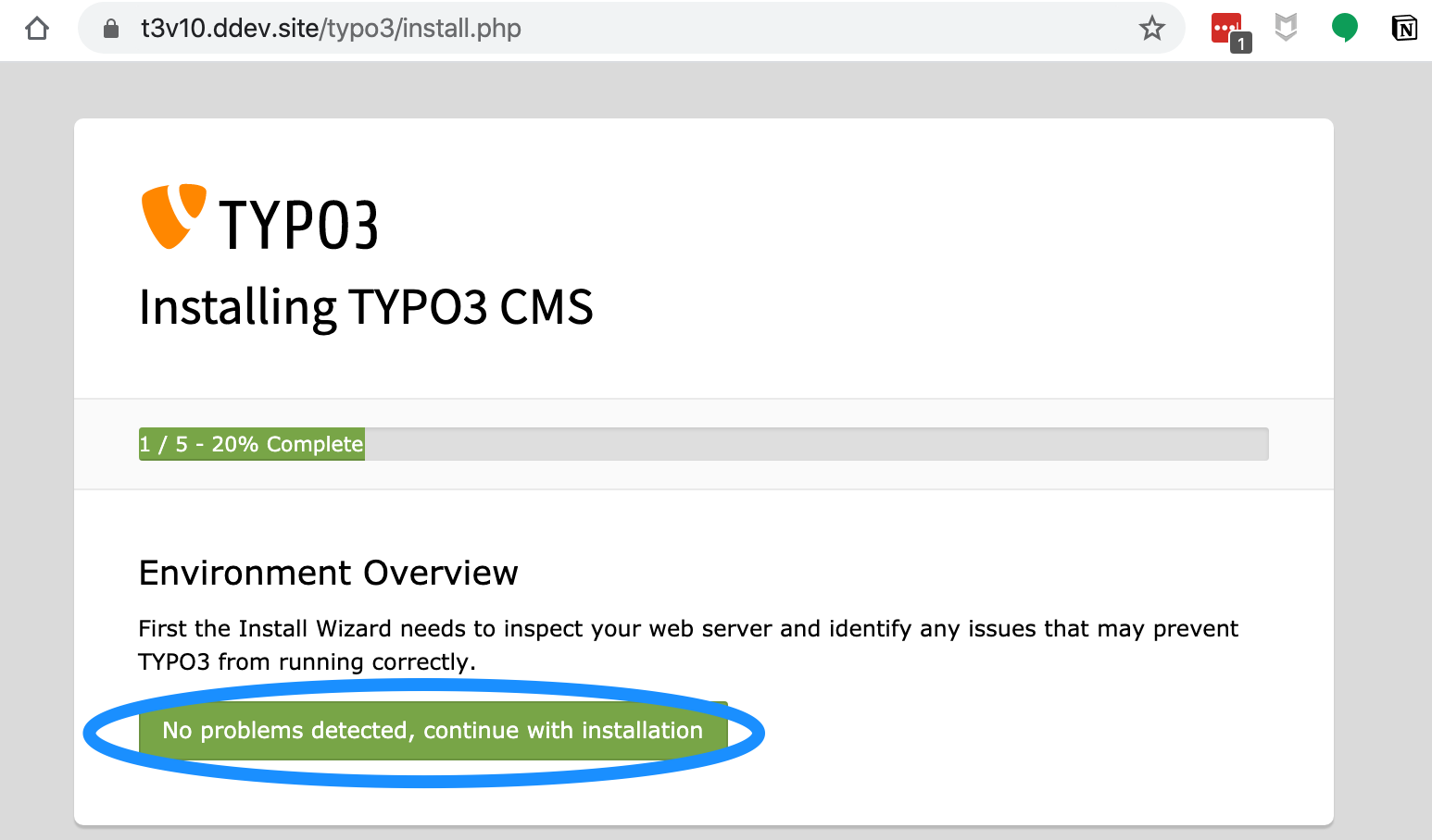 Screenshot of a browser with a TYPO3 install in progress, with emphasis on a button that reads “No problems detected, continue with installation”